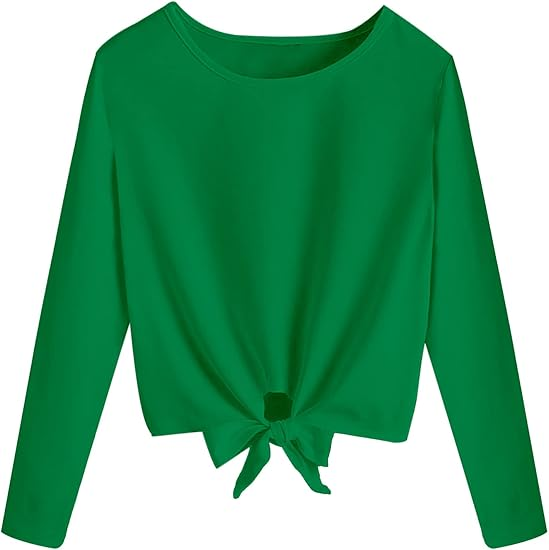Girls Short Long Sleeve Shirt Casual Front Knot Tops Tee Blouse - Image 3
