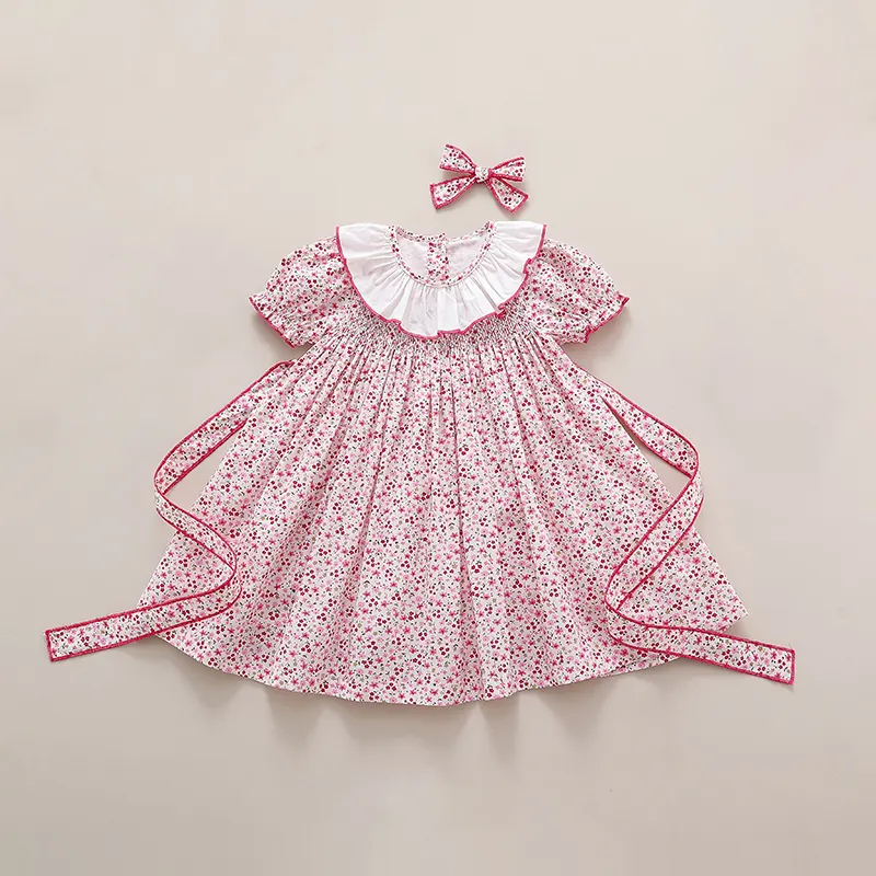 Handmade Smocking Pink Floral Cotton Liner Kids Dress